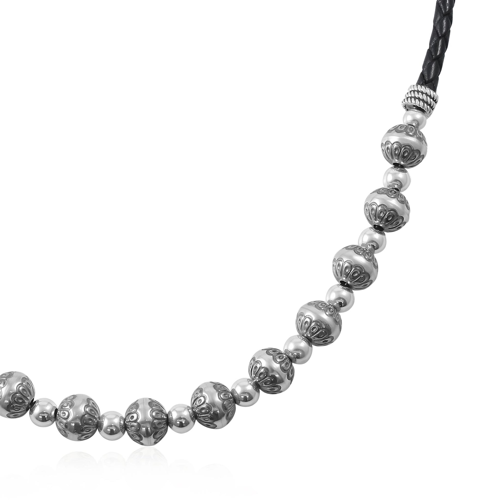 Sterling Silver Black Leather Native Pearl Beaded Necklace