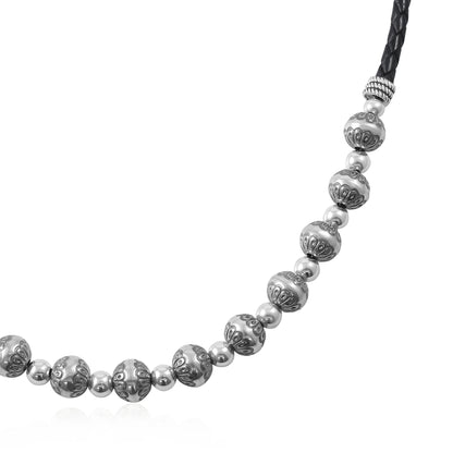 Sterling Silver Black Leather Native Pearl Beaded Necklace