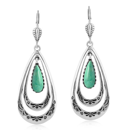 Sterling Silver Green Turquoise Open Teardrop Lever Back Earrings