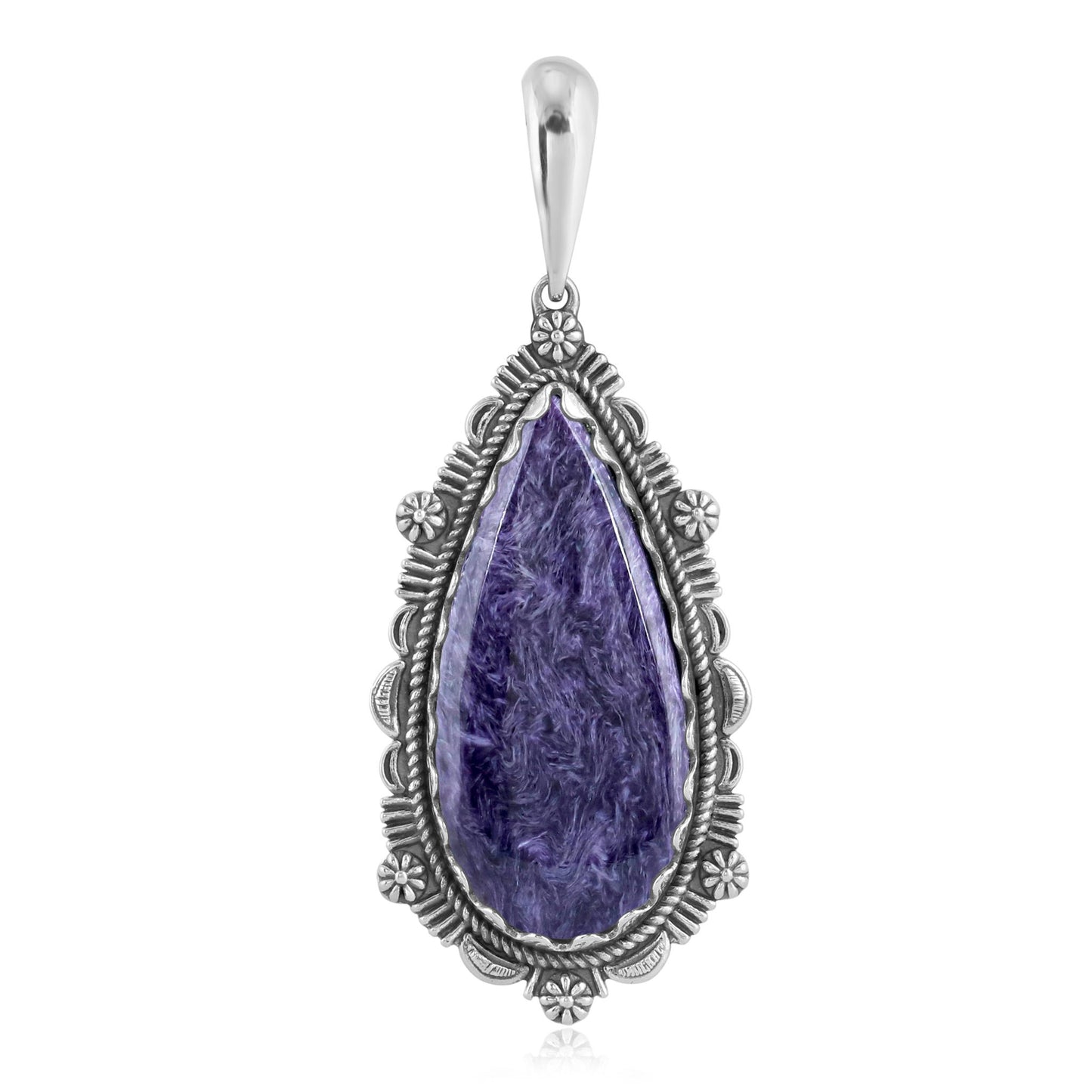 EXCLUSIVELY OURS! Sterling Silver Charoite Teardrop Bordered Design Pendant Enhancer