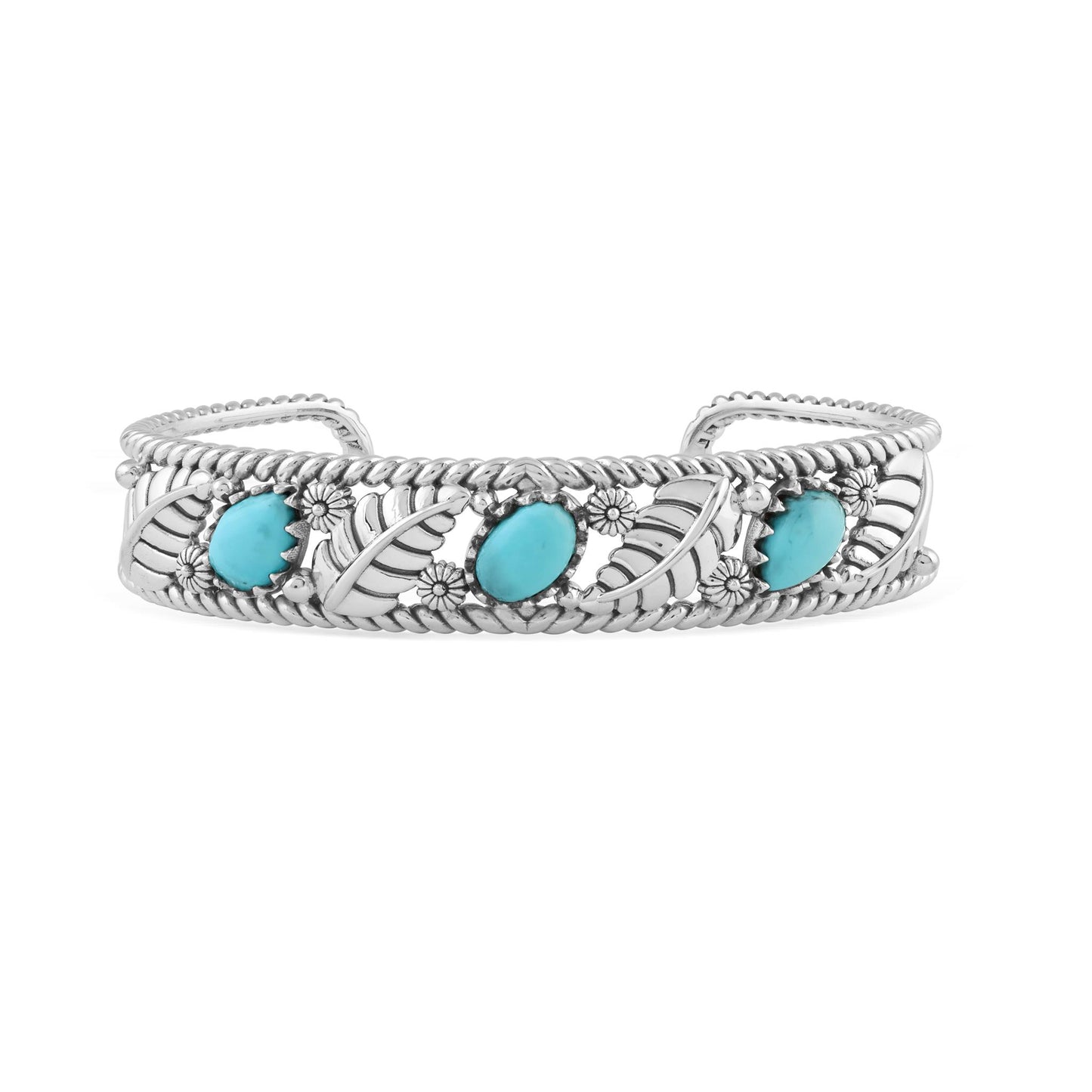  Sterling Silver Sleeping Beauty Turquoise Oval and Pear Leaf Cuff Bracelet