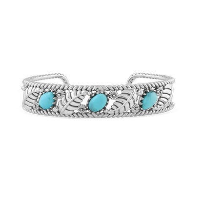 Sterling Silver Sleeping Beauty Turquoise Oval and Pear Leaf Cuff Bracelet