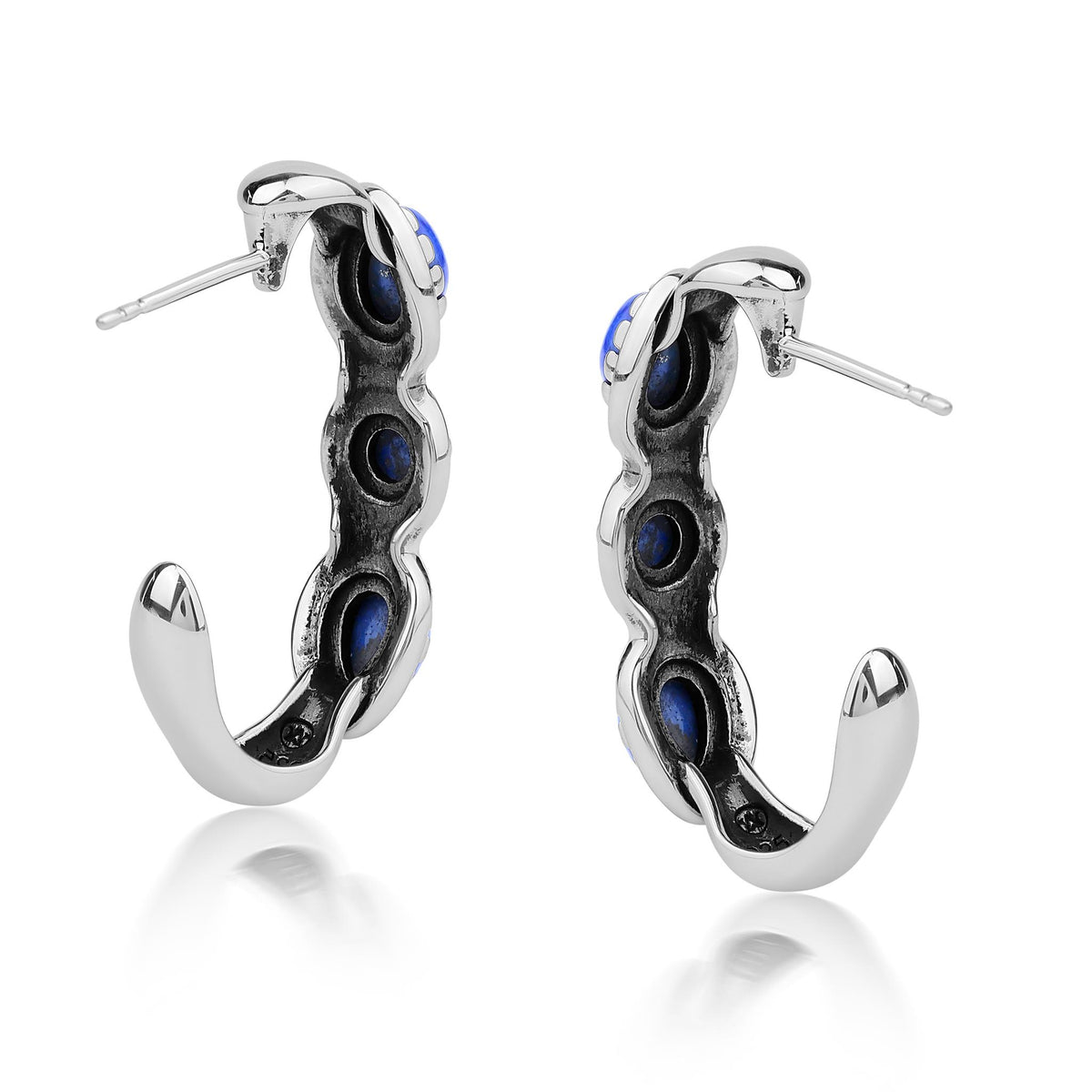 Sterling Silver Lapis Pear and Round Cut Hoop Earrings