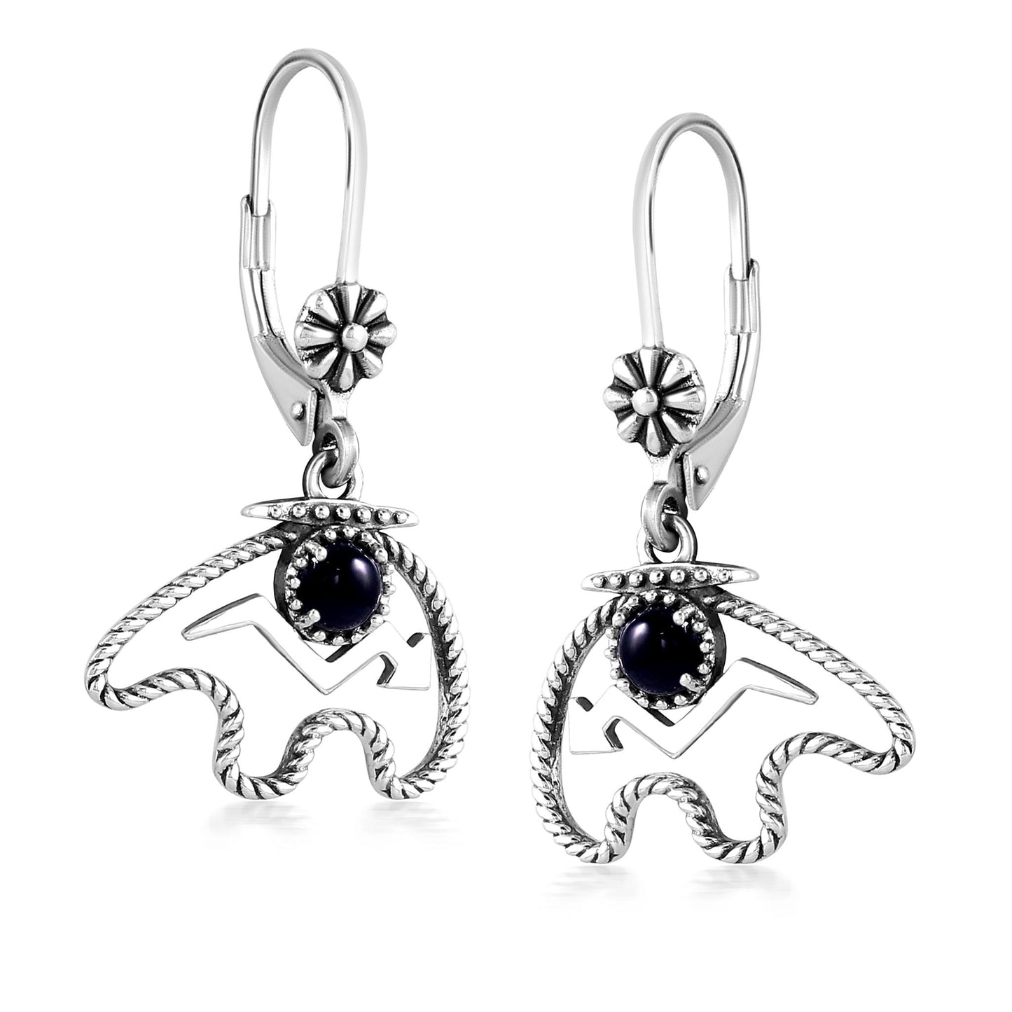 Sterling Silver Black Agate Bear Lever Back Earrings