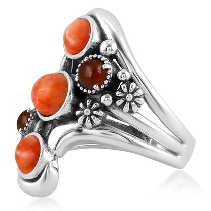 Sterling Silver Orange Spiny Oyster and Red Onyx Freeform Bypass Ring