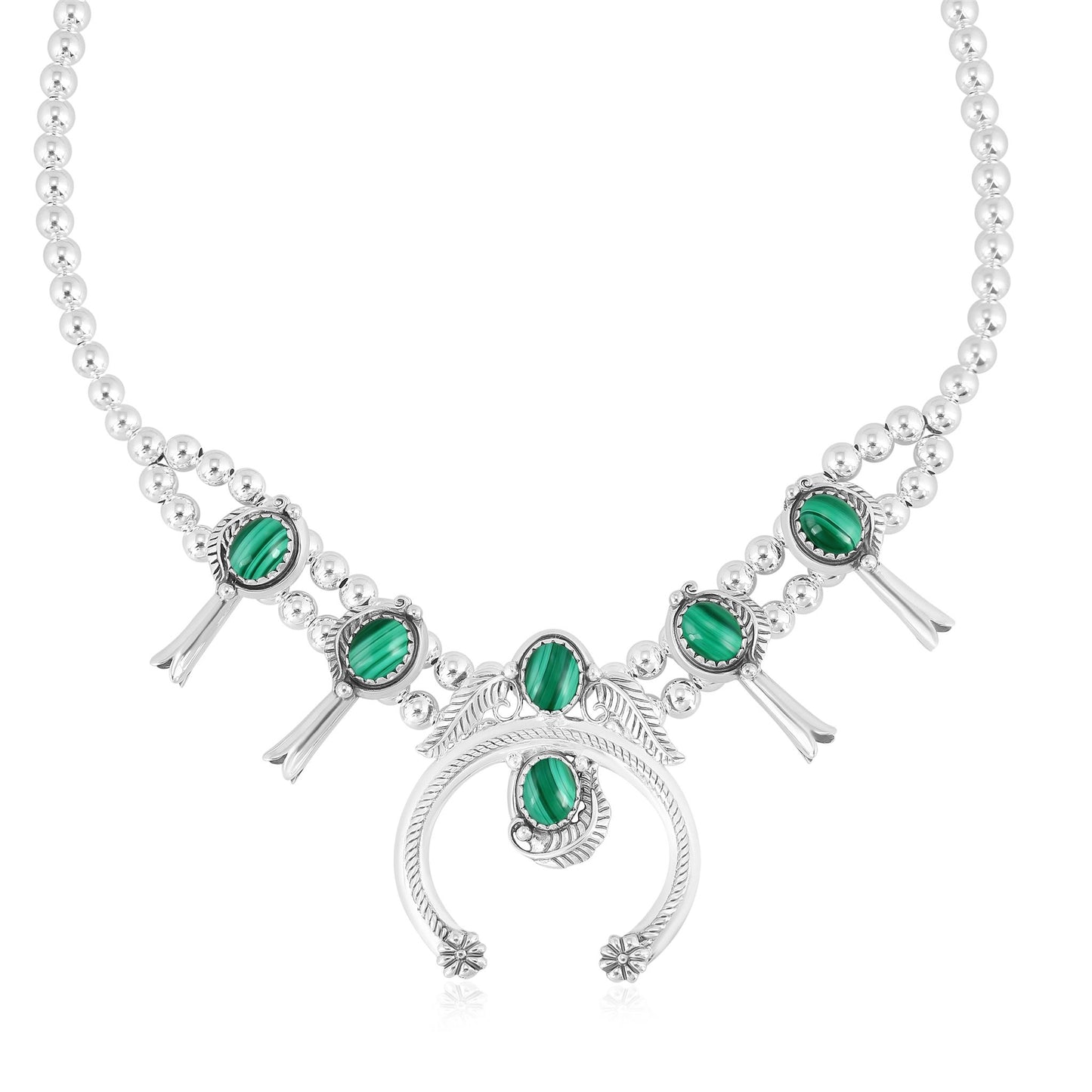 EXCLUSIVELY OURS! Sterling Silver Malachite Squash Blossom Necklace 17 to 20 Inches