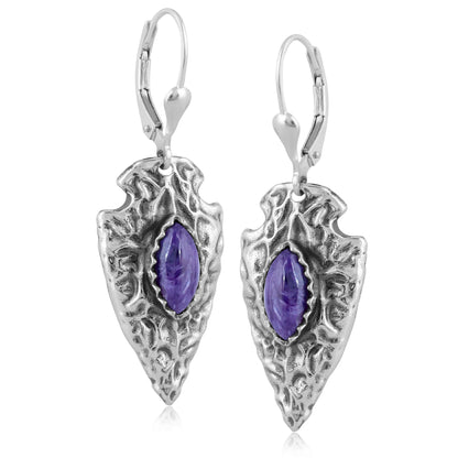 EXCLUSIVELY OURS! Sterling Silver Charoite Fritz Casuse Arrowhead Lever Back Earrings