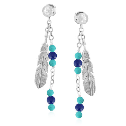 EXCLUSIVELY OURS! Sterling Silver Lapis and Kingman Turquoise Feather Design Dangle Earrings