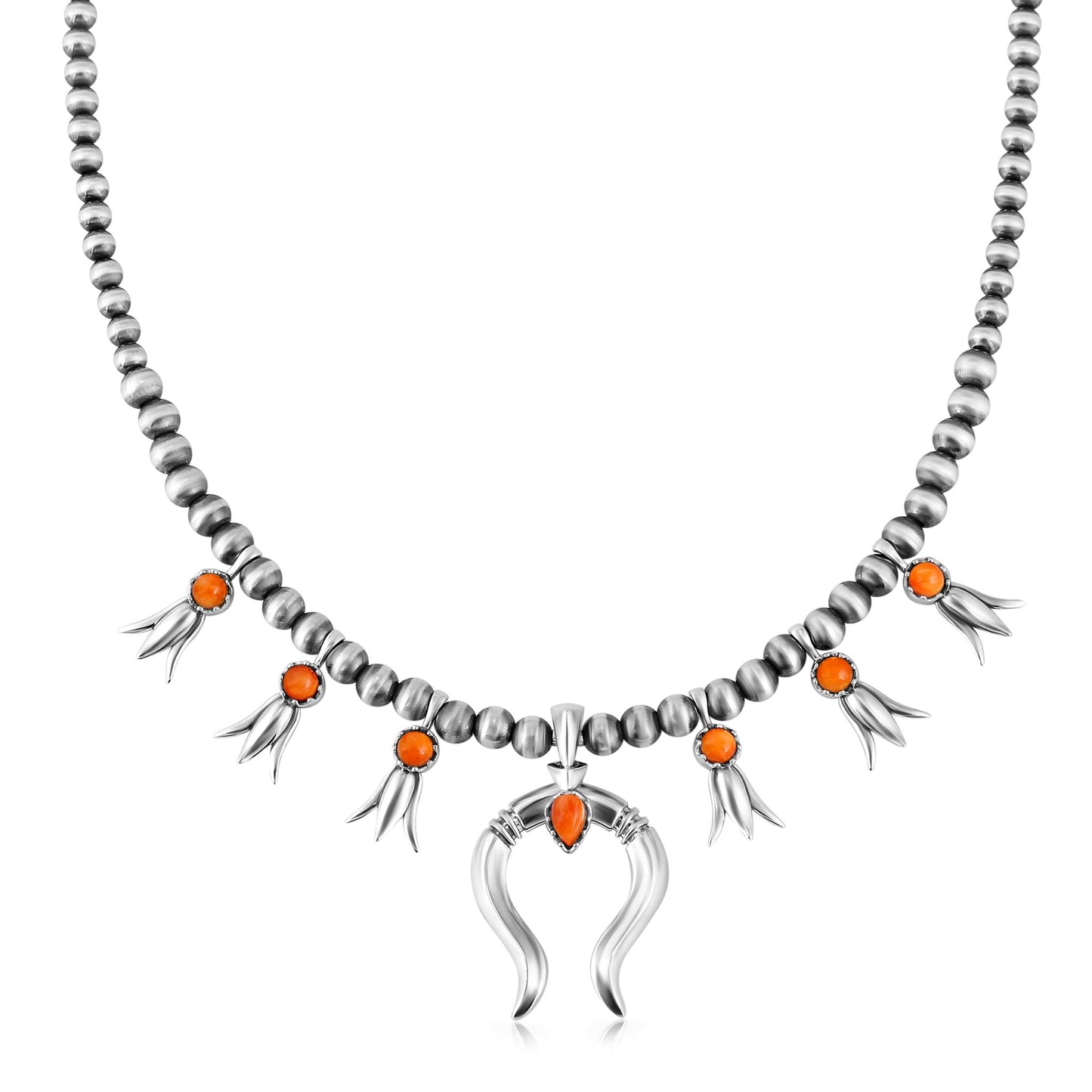 Sterling Silver Orange Spiny Oyster Beaded Squash Blossom Necklace
