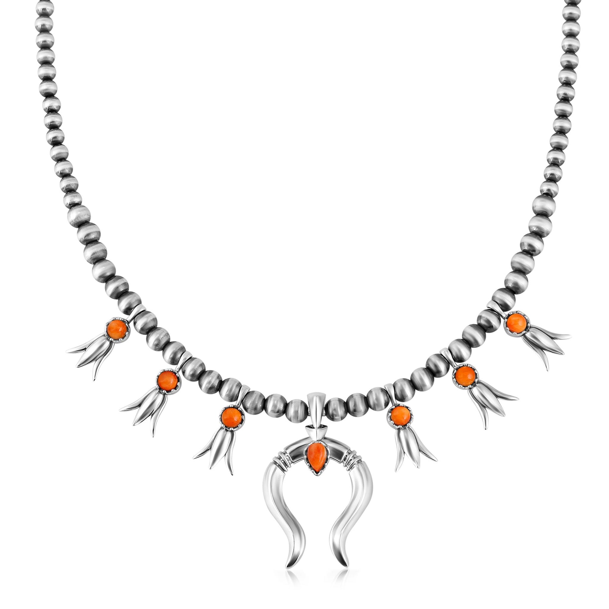 Sterling Silver Orange Spiny Oyster Beaded Squash Blossom Necklace
