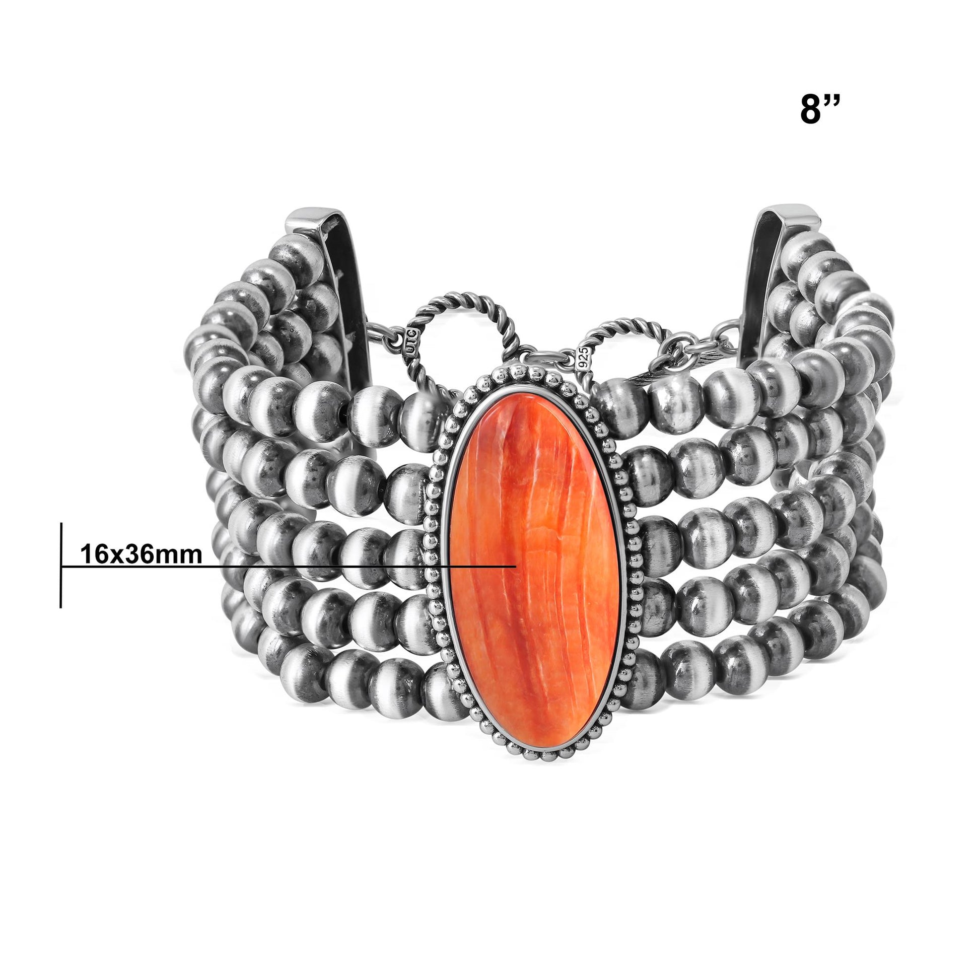 Sterling Silver Orange Spiny Oyster Oval Cut Triple Bead Toggle Bracelet, Sizes Small to Large