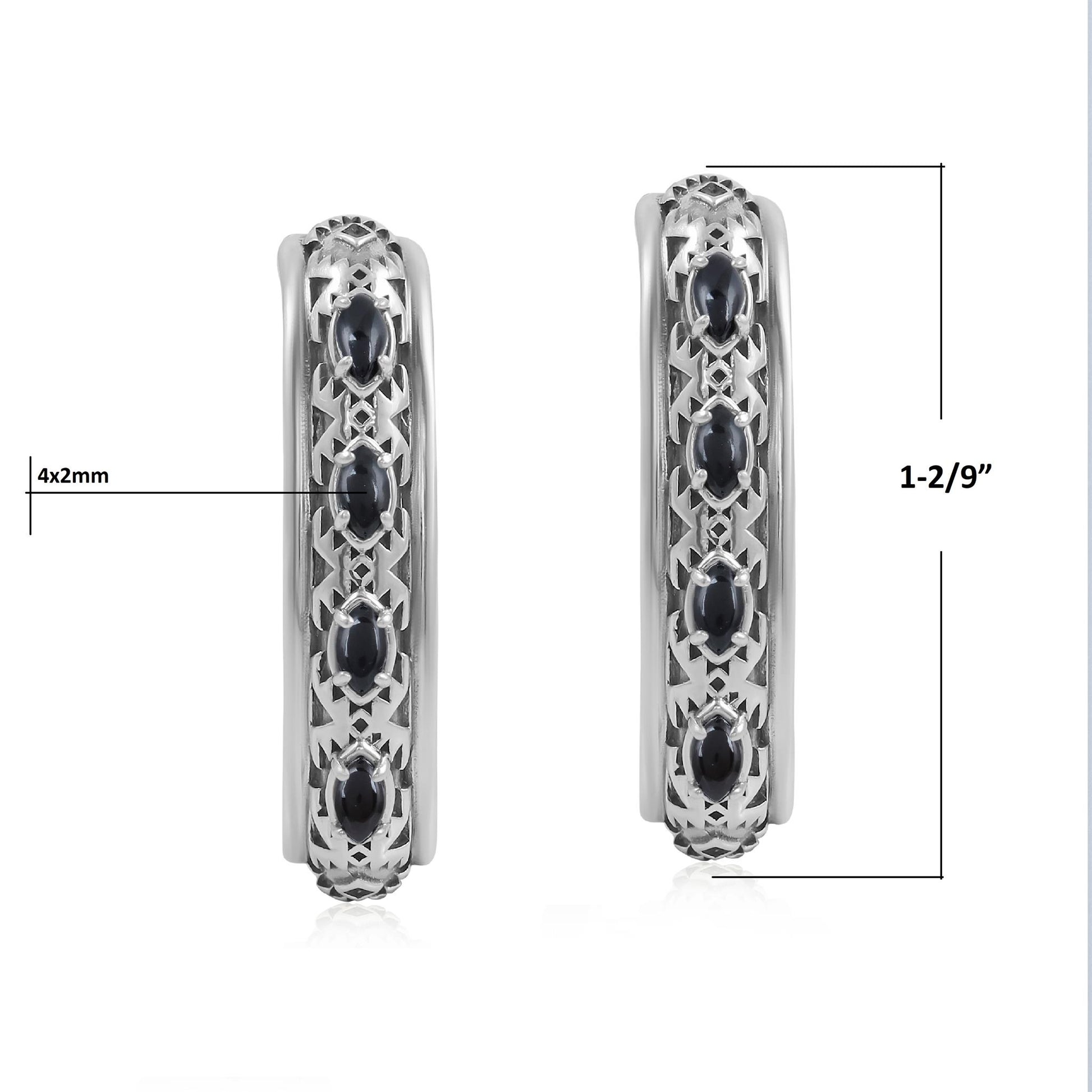 Sterling Silver Black Onyx Patterned J-Hoop 1 Inch Earrings 