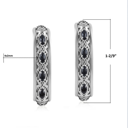 Sterling Silver Black Onyx Patterned J-Hoop 1 Inch Earrings 