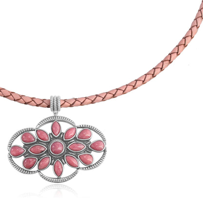 Sterling Silver Rhodonite Pink Leather Cluster Necklace, 17 to 20 Inches