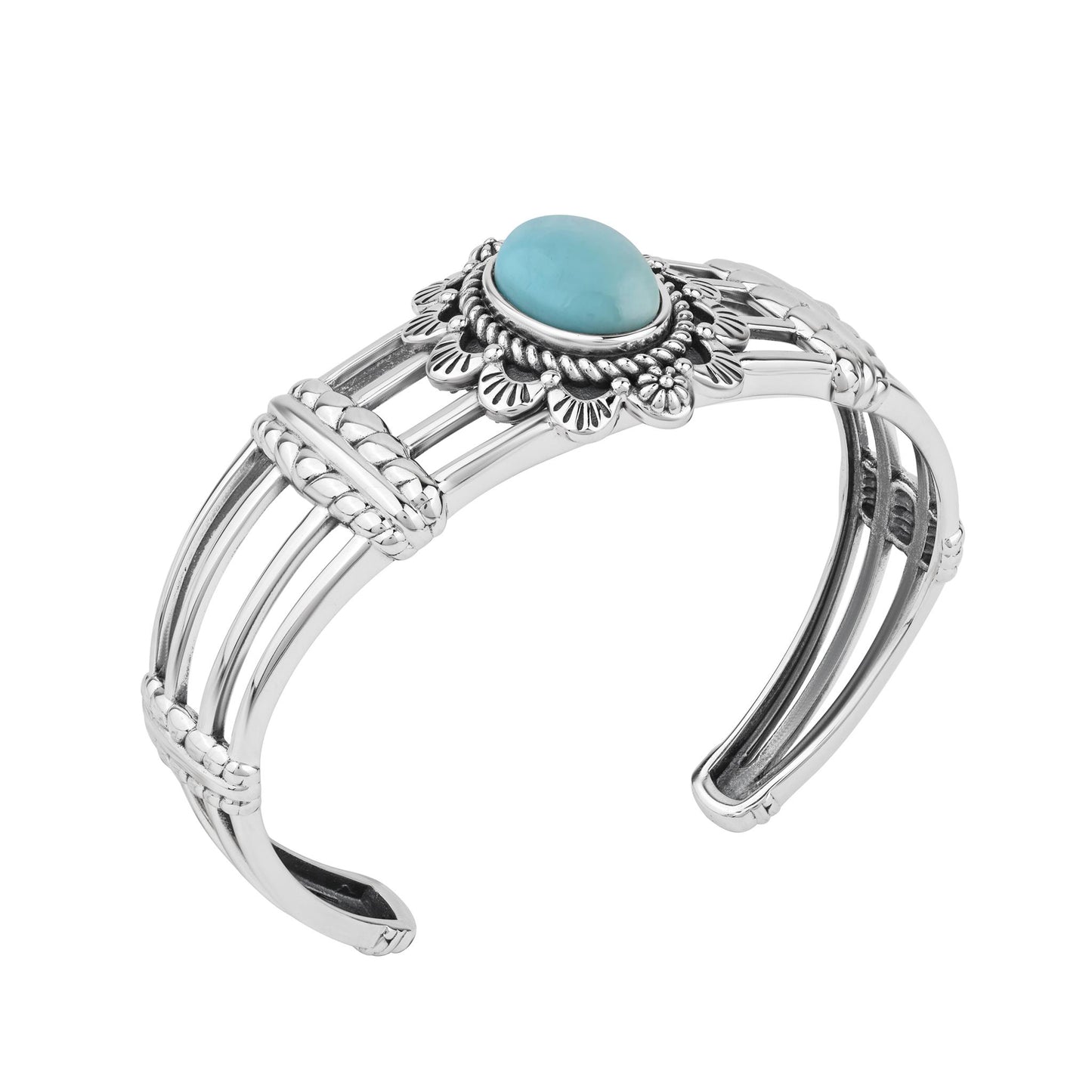  Sterling Silver Kingman Turquoise Oval Scallop Open Cuff Bracelet