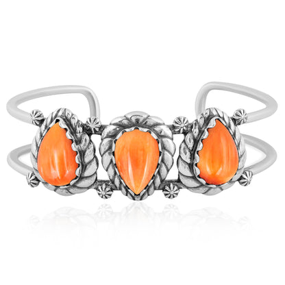 LIMITED EDITION! Sterling Silver Orange Spiny Oyster Pear Cut Rope Design Cuff Bracelet, Sizes Small to Large