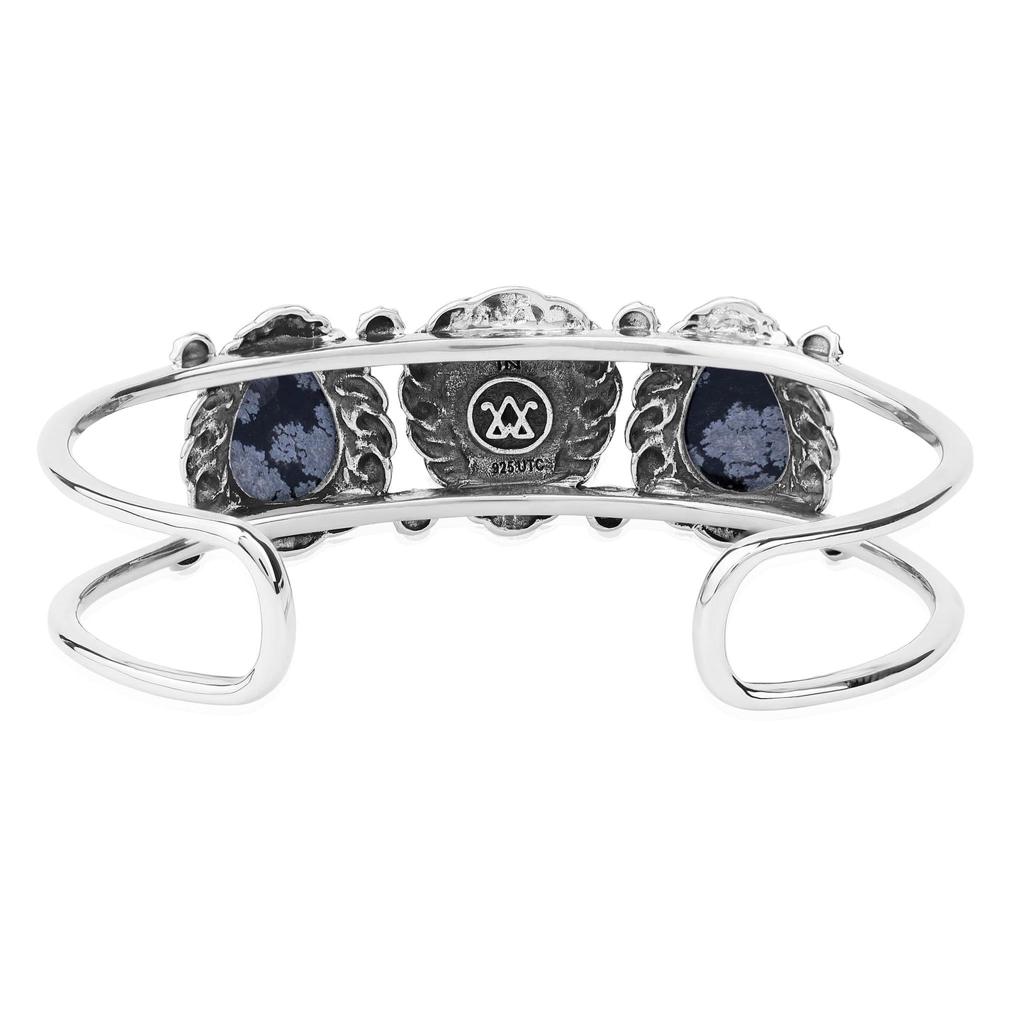 LIMITED EDITION! Sterling Silver Snowflake Obsidian Pear Cut Rope Design Cuff Bracelet, Sizes Small to Large