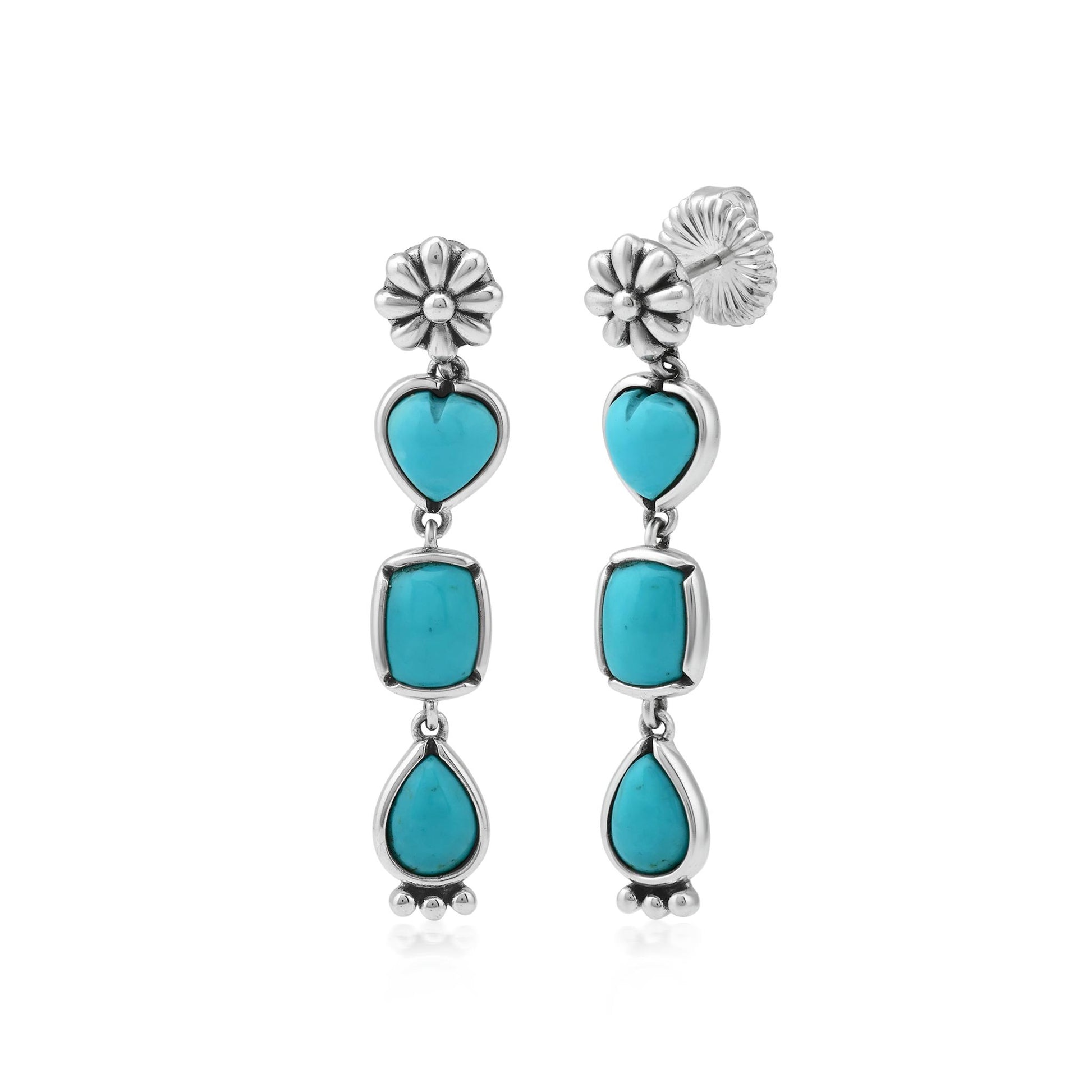 Sterling Silver Kingman Turquoise Gemstone Heart, Rectangle and Pear Concha Post Dangle Earrings 