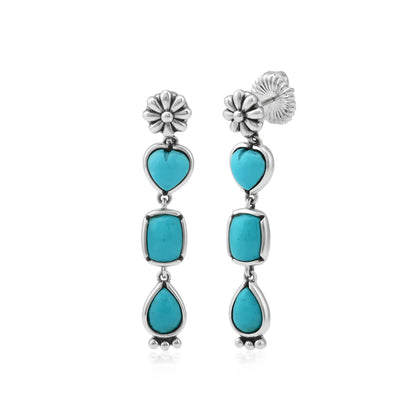 Sterling Silver Kingman Turquoise Gemstone Heart, Rectangle and Pear Concha Post Dangle Earrings 