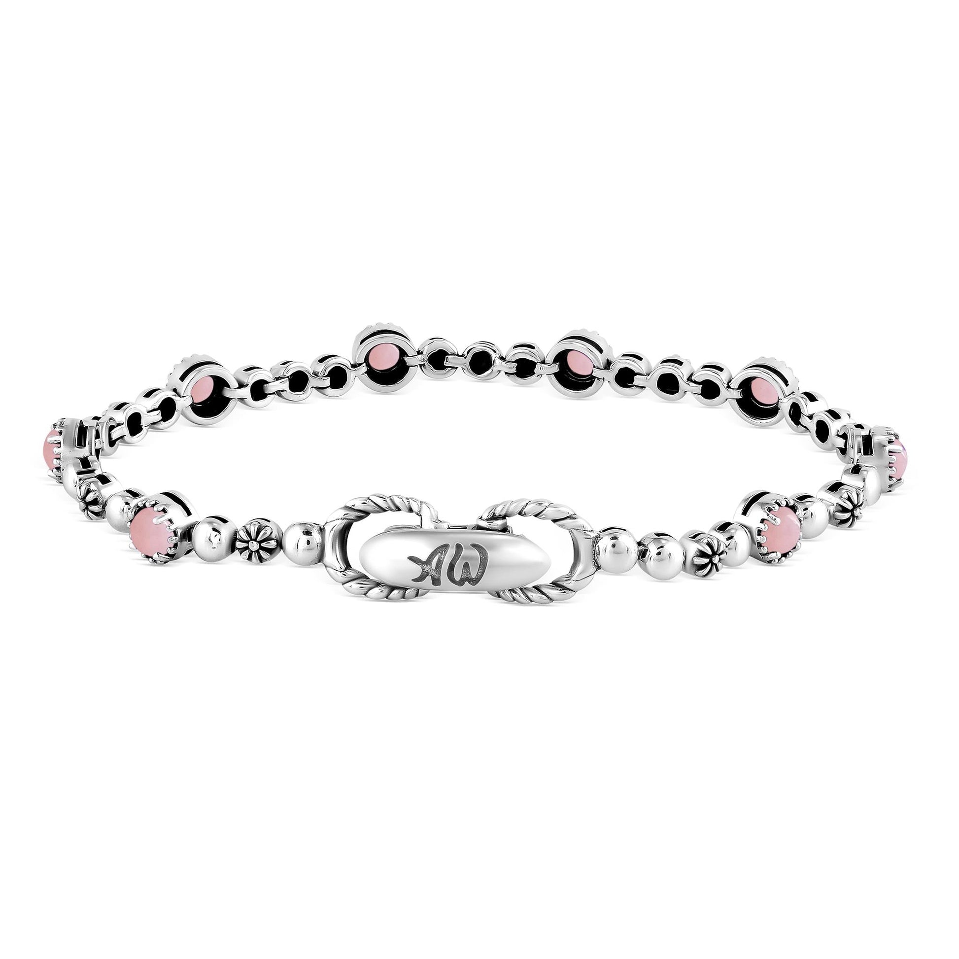 Sterling Silver Pink Opal Round Beaded Bracelet