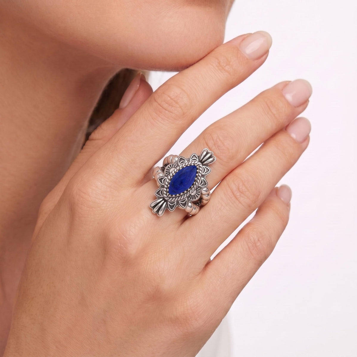 Sterling Silver Lapis Marquise Rope Ring, Sizes 5 to 10