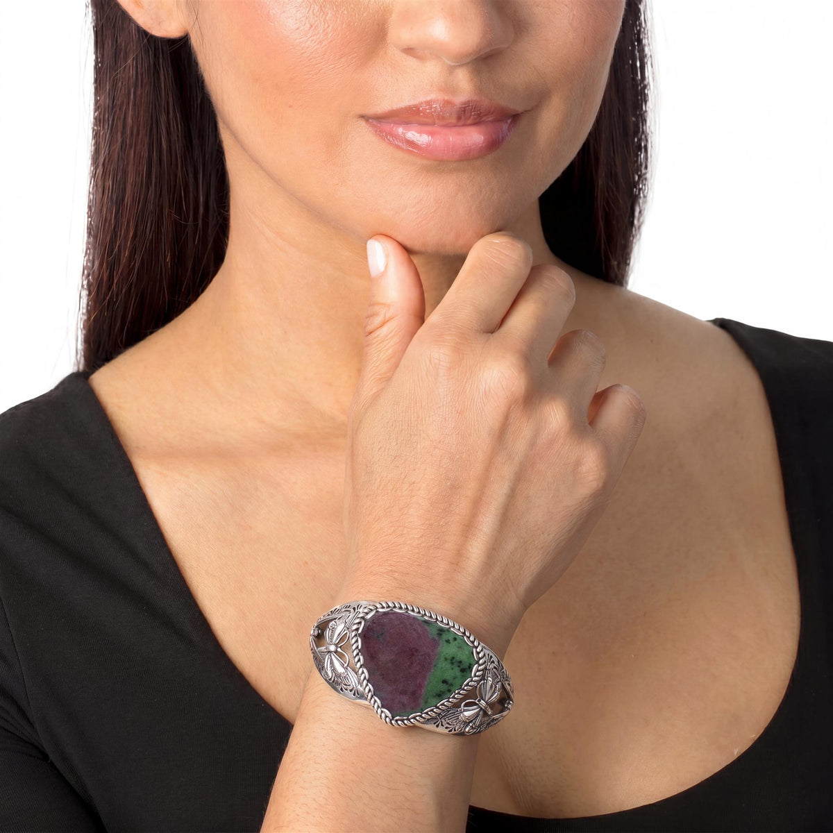 EXCLUSIVELY OURS! Sterling Silver Ruby Zoisite Gemstone Butterfly Cuff Bracelet