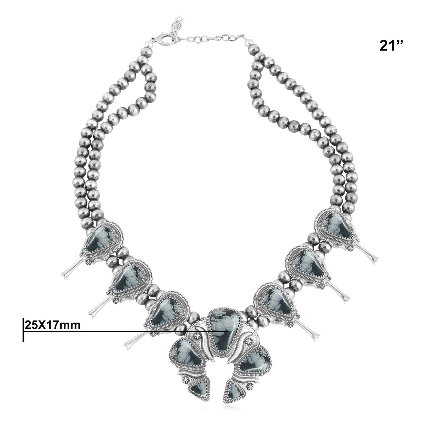 Sterling Silver Snowflake Obsidian Large Naja Squash Blossom Necklace