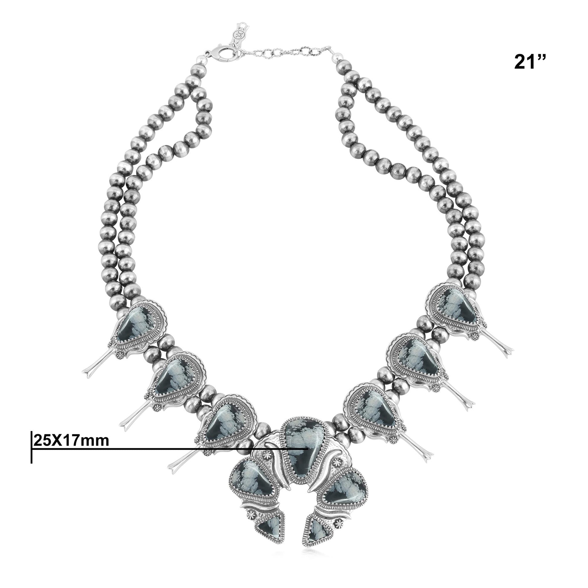 Sterling Silver Snowflake Obsidian Large Naja Squash Blossom Necklace