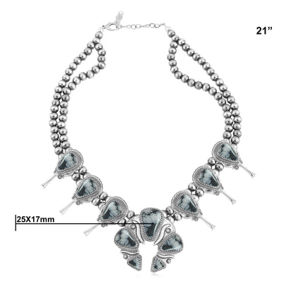 Sterling Silver Snowflake Obsidian Large Naja Squash Blossom Necklace