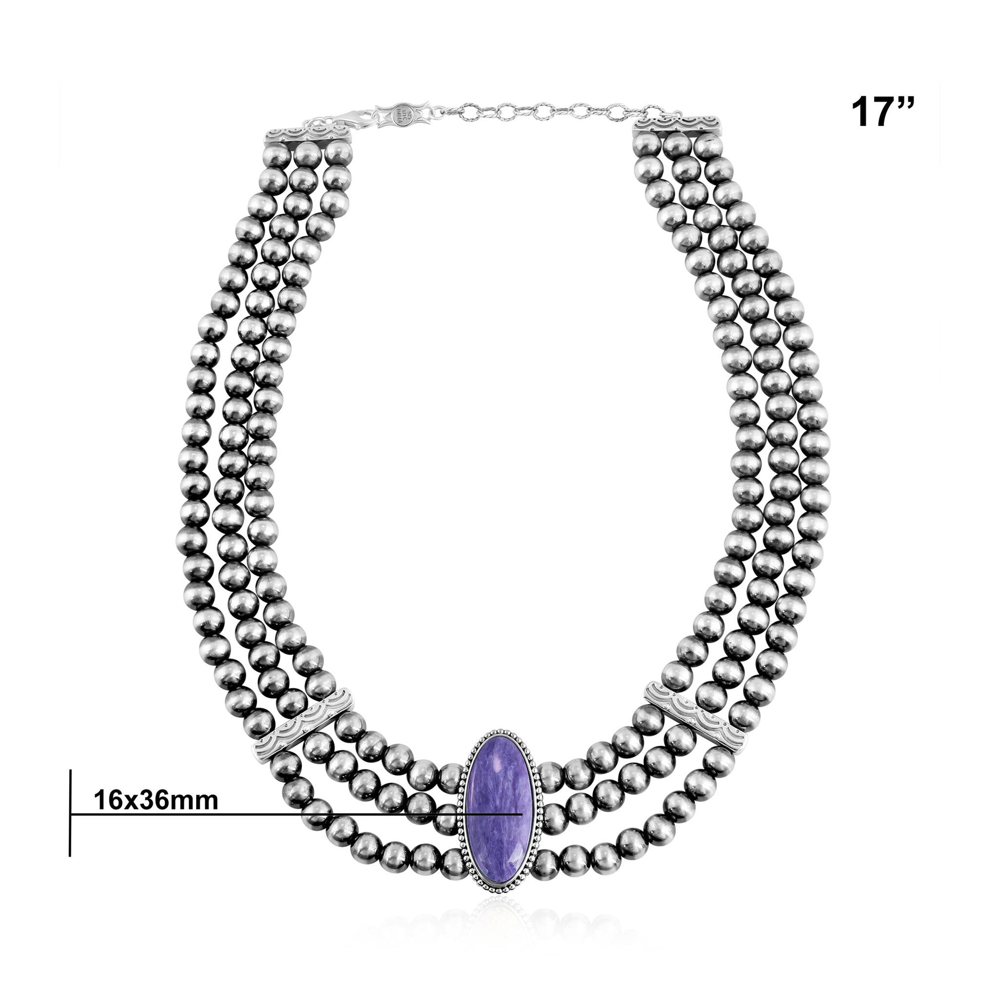 Sterling Silver Charoite Oval Cut Triple-Row Beaded Necklace, 17 to 20 Inches