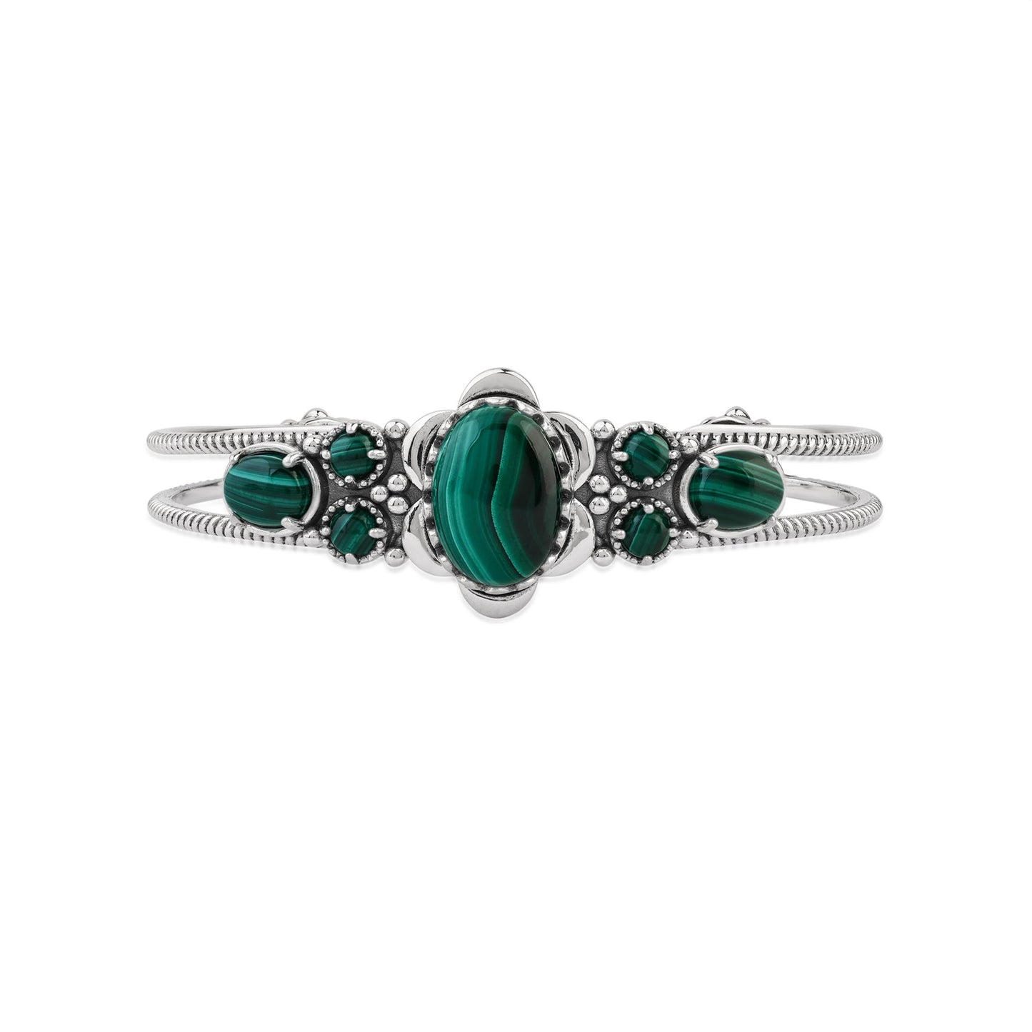  Sterling Silver Malachite Oval and Round Open Cuff Bracelet