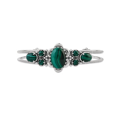  Sterling Silver Malachite Oval and Round Open Cuff Bracelet
