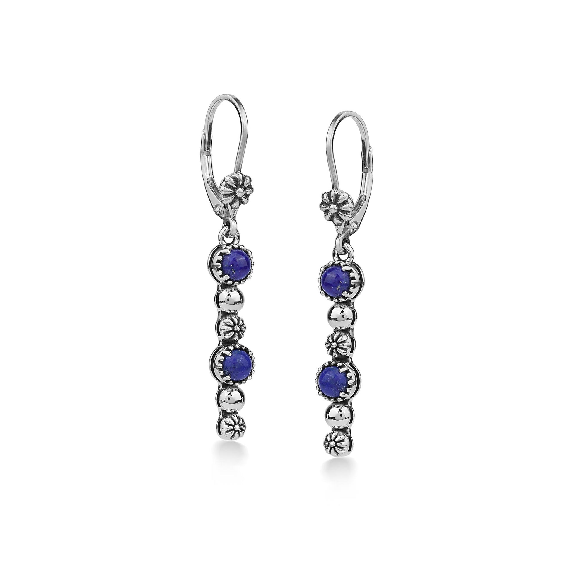 Sterling Silver Lapis Round Gemstone and Concha Linear Lever Back Earrings