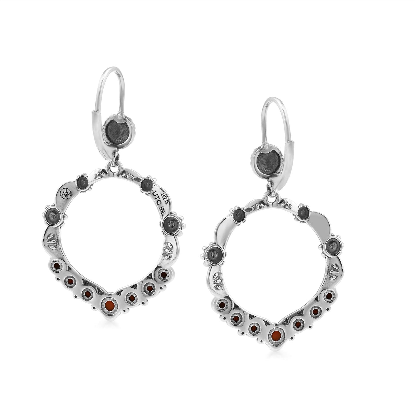Sterling Silver Orange Spiny Oyster Open Hoop Concha Lever Back Earrings