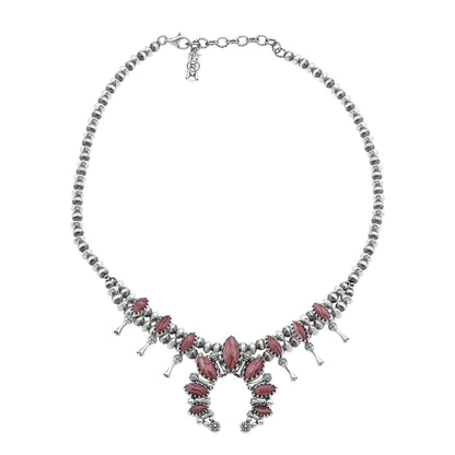  Sterling Silver Rhodochrosite Marquise-Cut Squash Blossom Necklace 