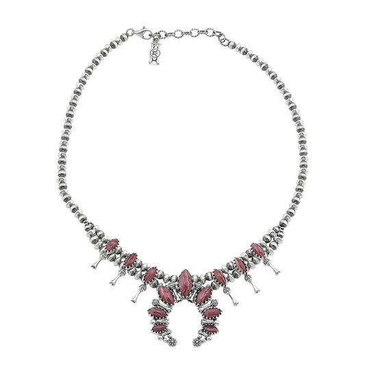  Sterling Silver Rhodochrosite Marquise-Cut Squash Blossom Necklace 