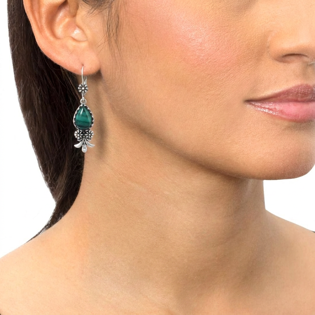  Sterling Silver Malachite Teardrop Concha Squash Blossom Dangle Earrings