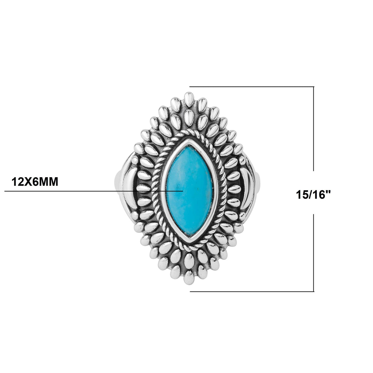 Sterling Silver Kingman Turquoise Marquise Rope and Bead Ring
