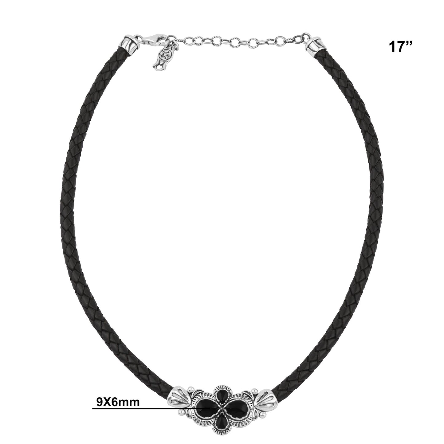  Sterling Silver Black Onyx Pear Cluster Black Leather Necklace 