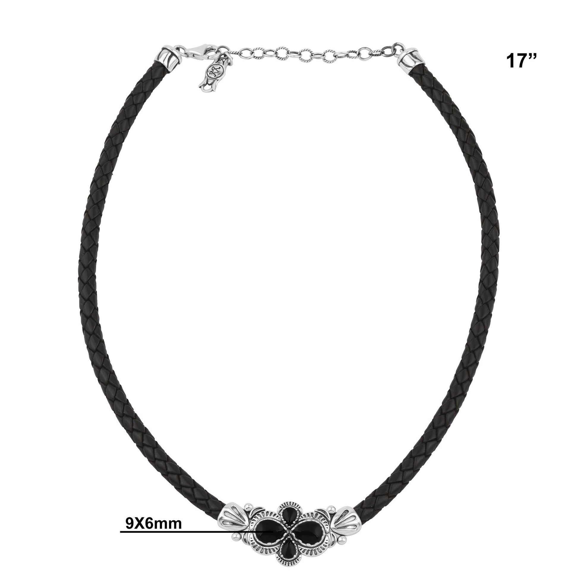  Sterling Silver Black Onyx Pear Cluster Black Leather Necklace 