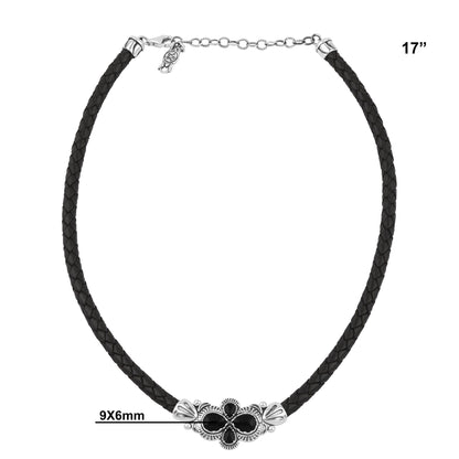  Sterling Silver Black Onyx Pear Cluster Black Leather Necklace 