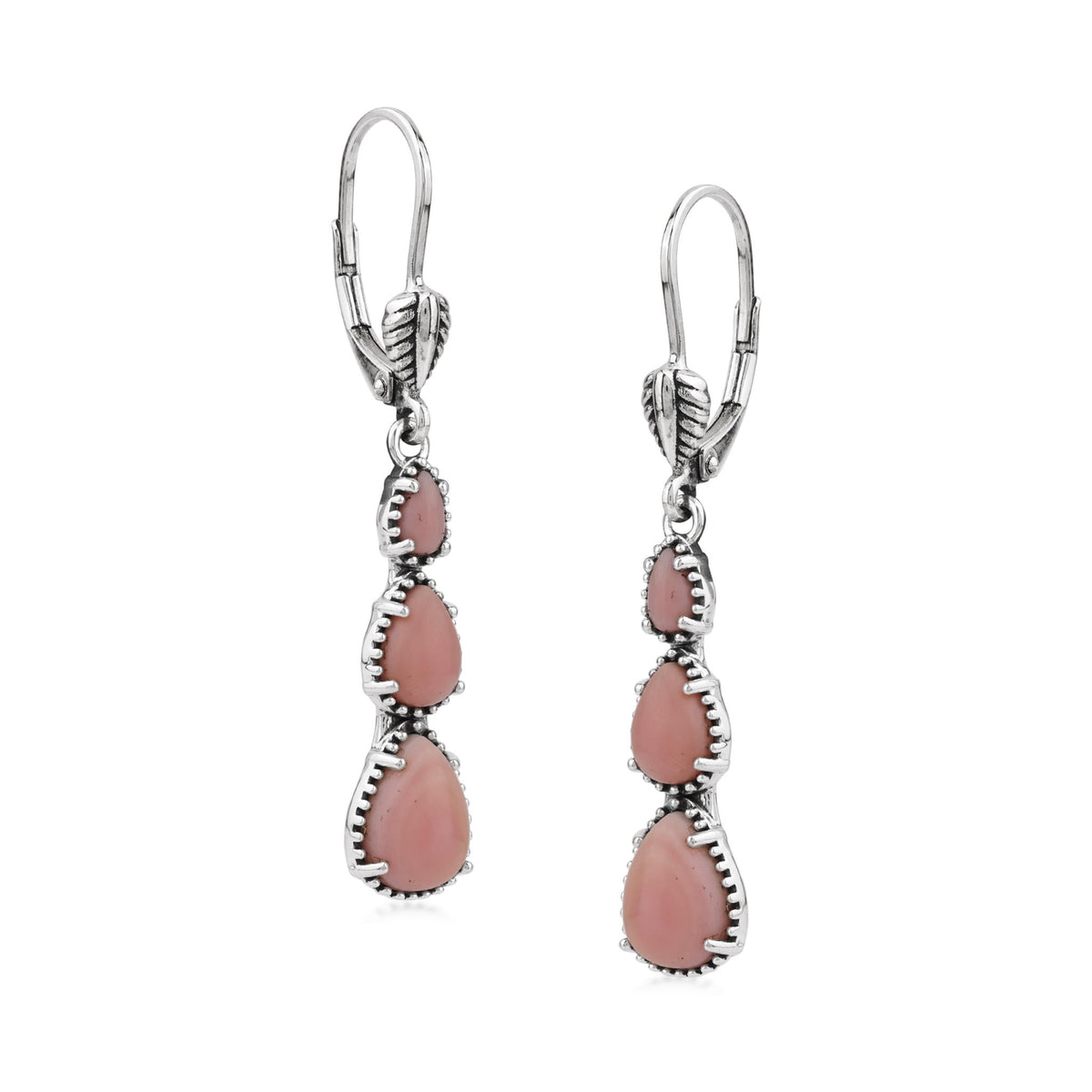 Sterling Silver Pink Concha Shell 3-Pear Drop Lever Back Earrings
