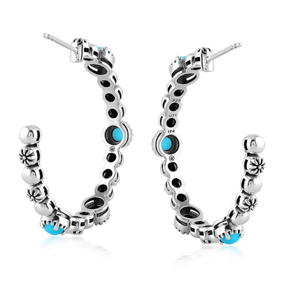 Sterling Silver Sleeping Beauty Turquoise Concha Crescent 1.5 Inch Hoop Earrings