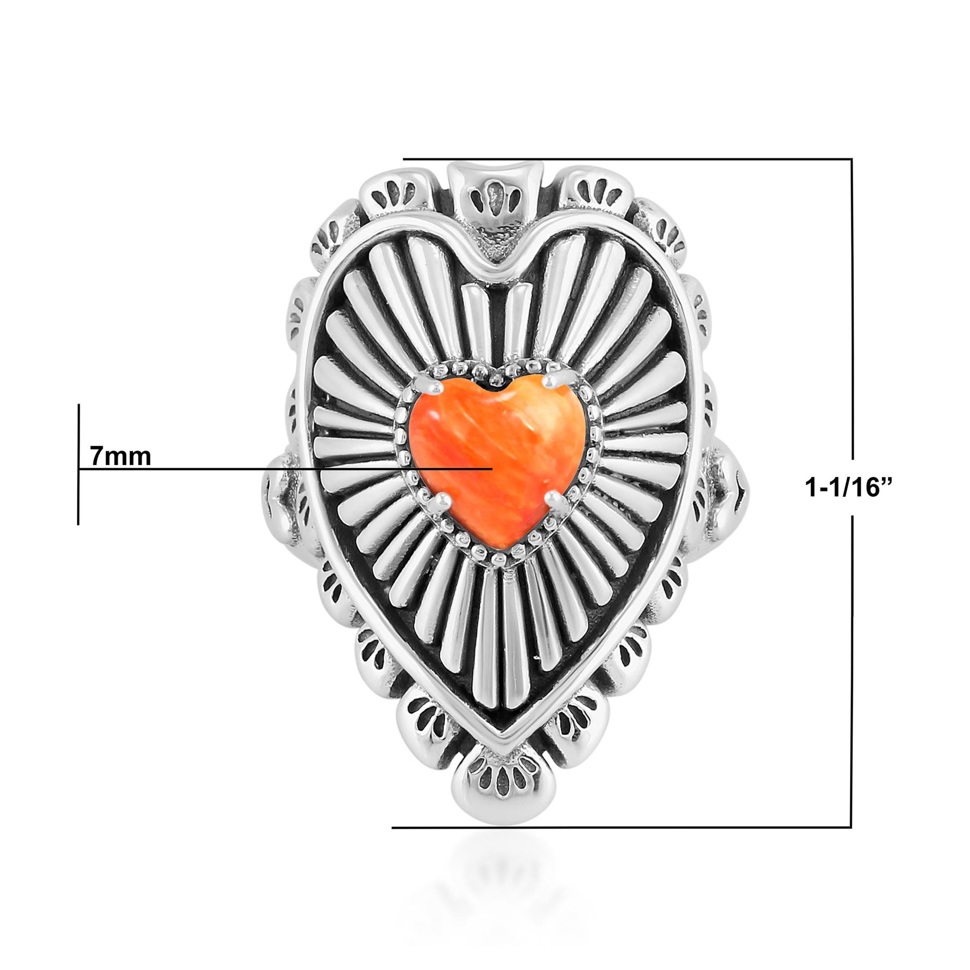 Sterling Silver Orange Spiny Oyster Bold Heart Ring, Sizes 5 to 10