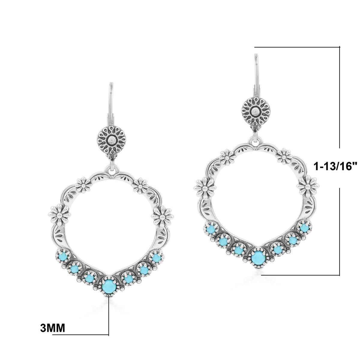 Sterling Silver Sleeping Beauty Turquoise Open Hoop Concha Lever Back Earrings