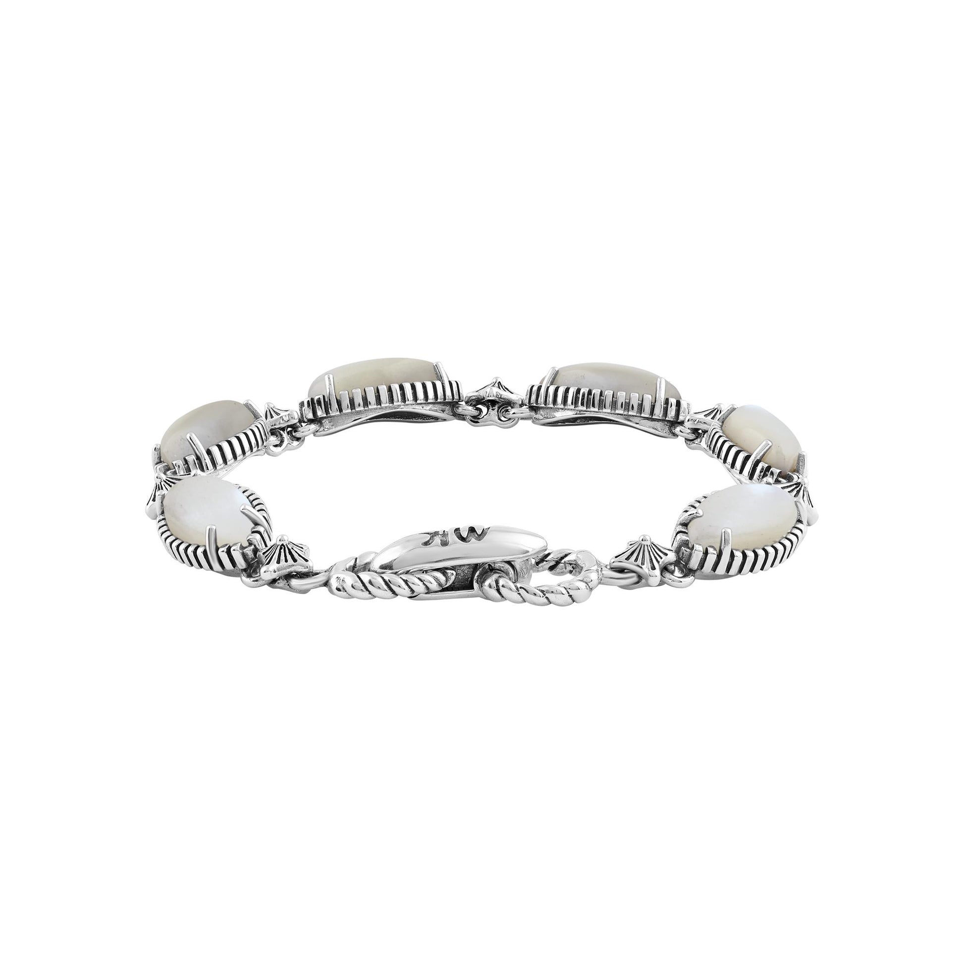  Sterling Silver White Mother of Pearl Marquise Cut Link Bracelet