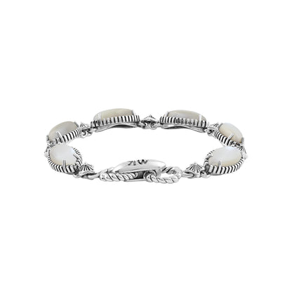  Sterling Silver White Mother of Pearl Marquise Cut Link Bracelet