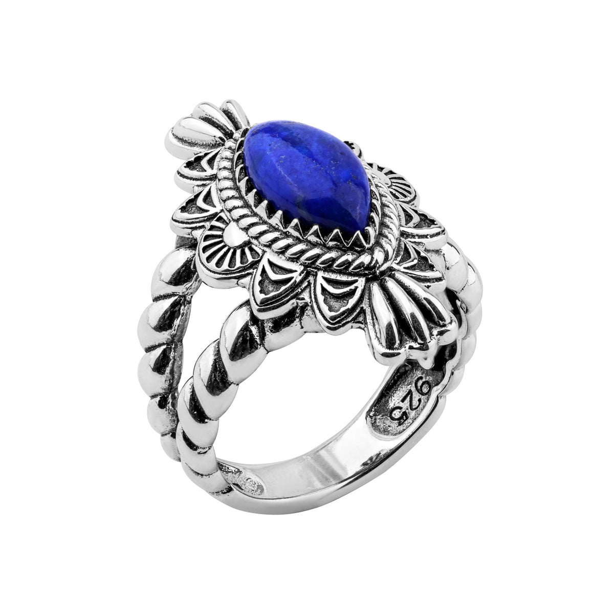 Sterling Silver Lapis Marquise Rope Ring, Sizes 5 to 10