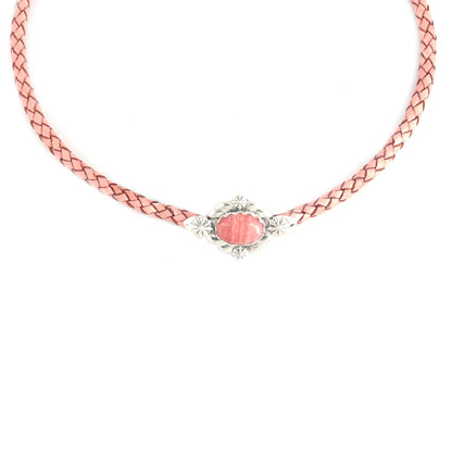 Sterling Silver Rhodochrosite Pink Braided Leather Necklace, 17 to 20 Inches