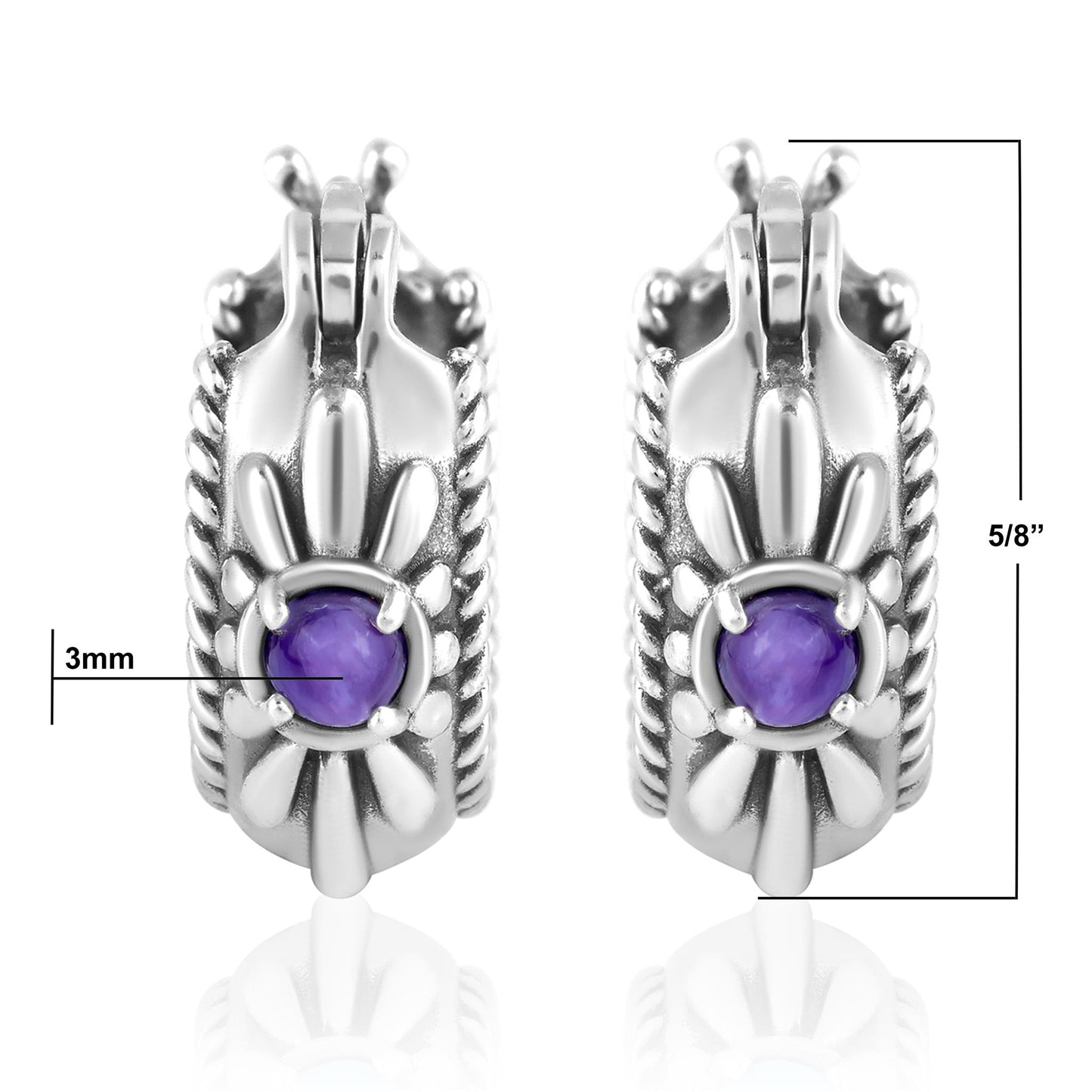 EXCLUSIVELY OURS! Sterling Silver Charoite Rope and Flower Design Hoop Earrings